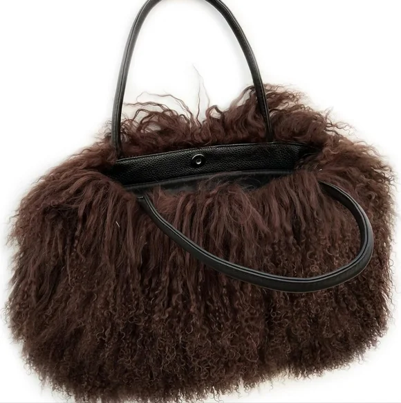 New Real Lamb Mongolian Flush Wool Fur With Genuine Leather Handles Handbag - Picture 5 of 7